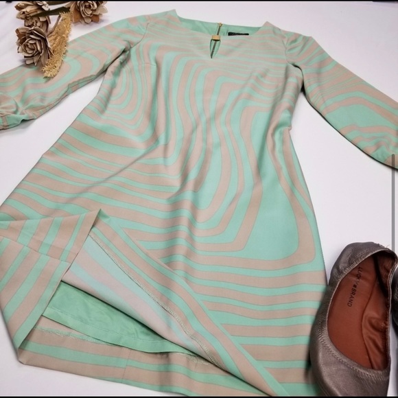 Tahari Mint Green Tan Striped Swirl Lined Dress - Picture 5 of 8